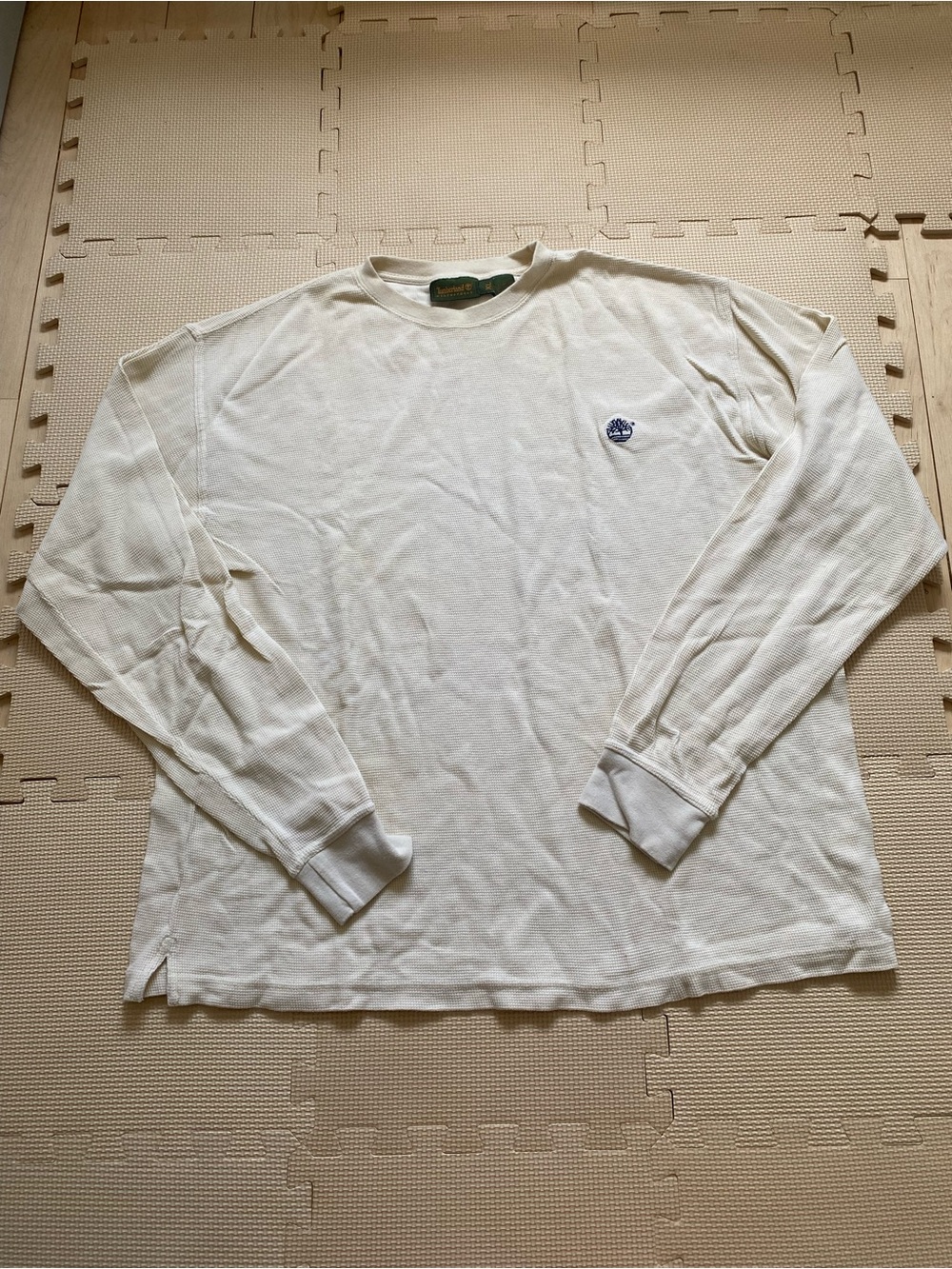 Timberland Mens XL Cream Waffle Knit Thermal Long Sleeve Crew Shirt Chest Logo